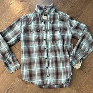 Men's Plaid Button-Down Shirt in Brown and Teal